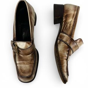 Prada Classic Leather Slip on Low Heel Loafers Women 9.5 in Brown Aged Finish